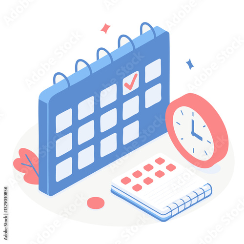 3D rendered blue calendar with white squares and red checkmark is displayed alongside red clock and notebook, symbolizing organization and planning