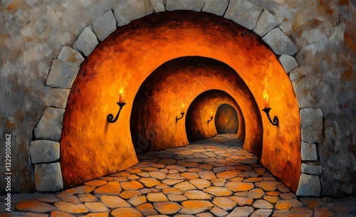 Mysterious Stone Passage with Receding Arches and Torches
