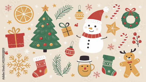 Festive Christmas illustration featuring snowman, Christmas tree, and holiday decorations. image includes ornaments, candy canes, and gingerbread man, creating cheerful holiday atmosphere