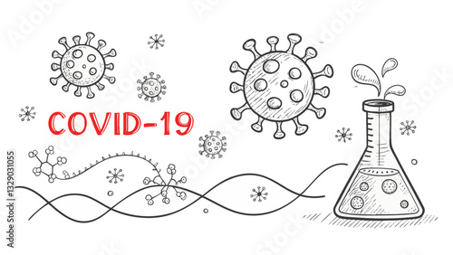 Doodle illustration of COVID 19 virus and laboratory flask with scientific elements