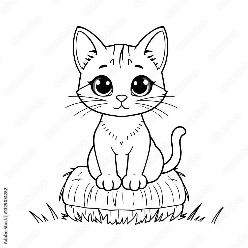 Obraz premium Cute Cartoon Cat Sitting on Cushion Kawaii Big Eyes Whiskers Black and White Line Art Kids Illustration