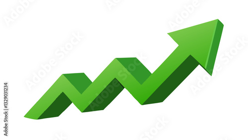 3D rendered green upward trending arrow icon symbolizes growth and success