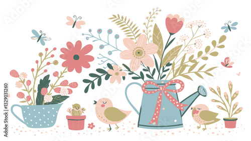 charming hand drawn illustration of spring featuring birds, flowers, and watering can adorned with bow, surrounded by butterflies and plants, evoking sense of joy and renewal