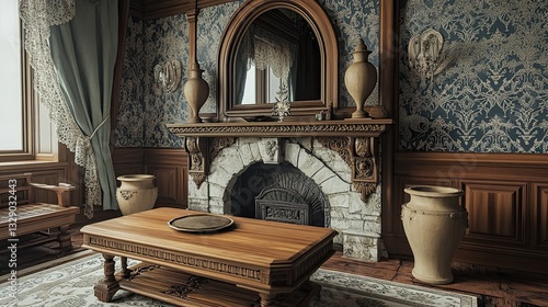 A Victorian-themed room with an arched wooden mirror above a carved stone mantelpiece