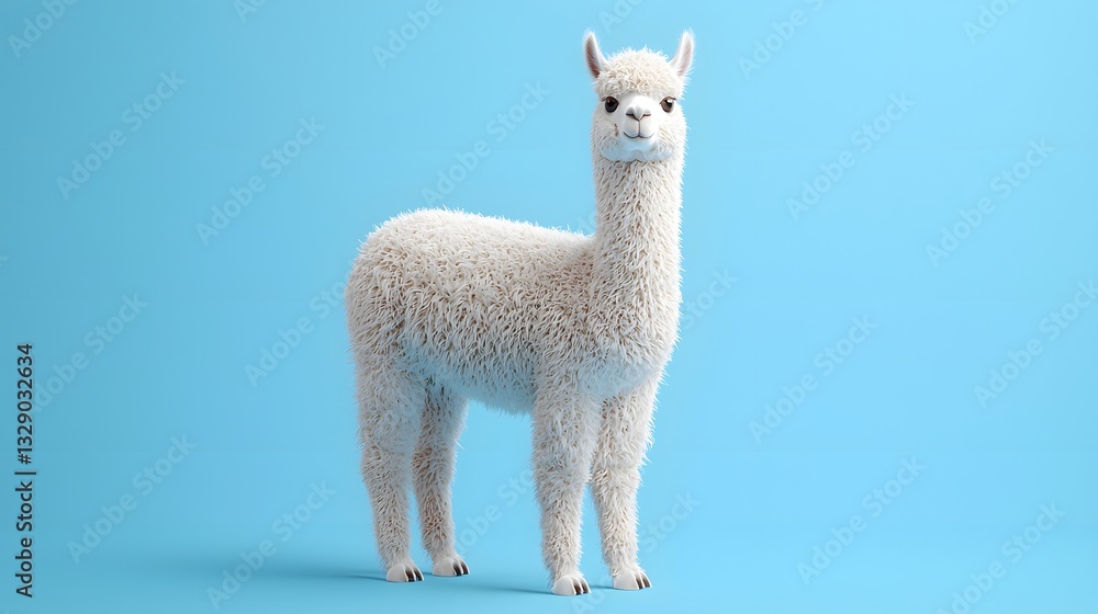 Fototapeta premium A fluffy white alpaca standing against a vibrant blue backdrop