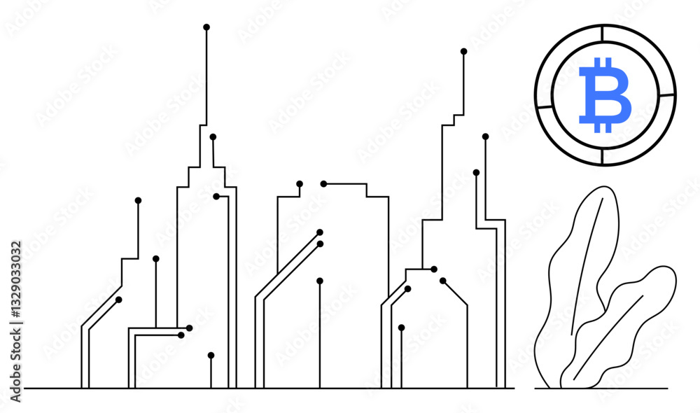 Abstract city skyline with circuit-thumbs up connections, Bitcoin icon, and decorative plant. Ideal for blockchain, cryptocurrency, innovation, smart city, digital economy, technology decentralized Abstract city skyline with circuit-thumbs up connections, Bitcoin icon, and decorative plant. Ideal for blockchain, cryptocurrency, innovation, smart city, digital economy, technology decentralized