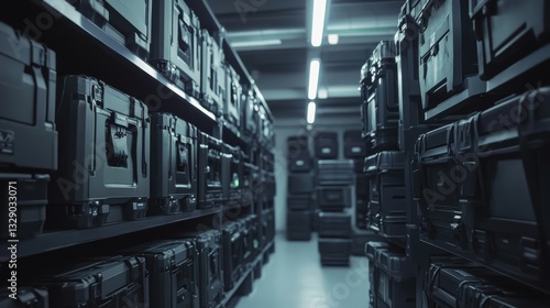 Inside a modern military storage facility, robotic units meticulously organize and transport equipment while ensuring efficient inventory management and enhanced security.