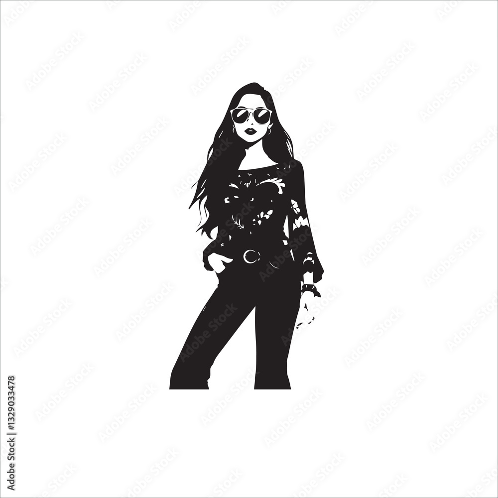 Silhouette and Outline Drawing of 70s Retro Woman in Bell-Bottoms and Sunglasses Silhouette and Outline Drawing of 70s Retro Woman in Bell-Bottoms and Sunglasses