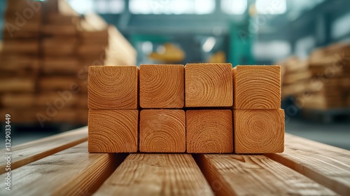 Neatly Stacked Light Brown Square Timber Beams in a Lumber Mill