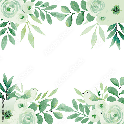 Elegant Watercolor Floral Frame with Birds for Wedding Invitation or Greeting Card