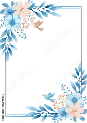 Elegant Watercolor Floral Frame with Birds for Wedding Invitation or Baby Announcement