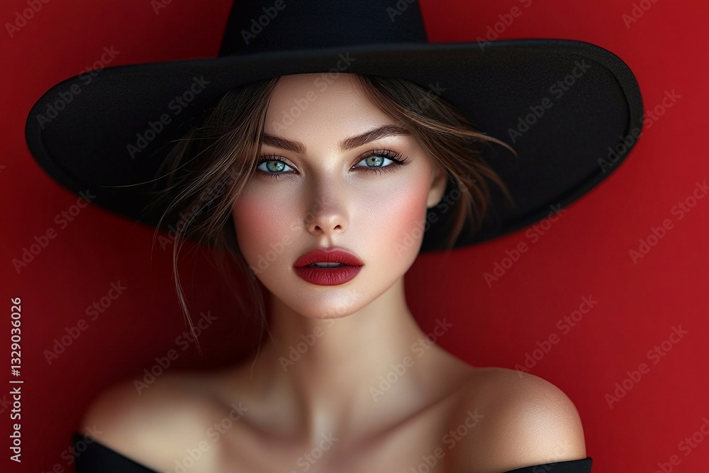 Young woman wearing a black hat poses with a confident expression against a red background Young woman wearing a black hat poses with a confident expression against a red background