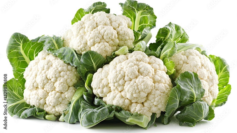 Freshly harvested cauliflower heads with green leaves Freshly harvested cauliflower heads with green leaves