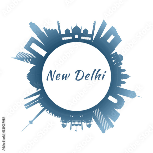 New Delhi skyline with colorful buildings. Circular style. Stock vector illustration