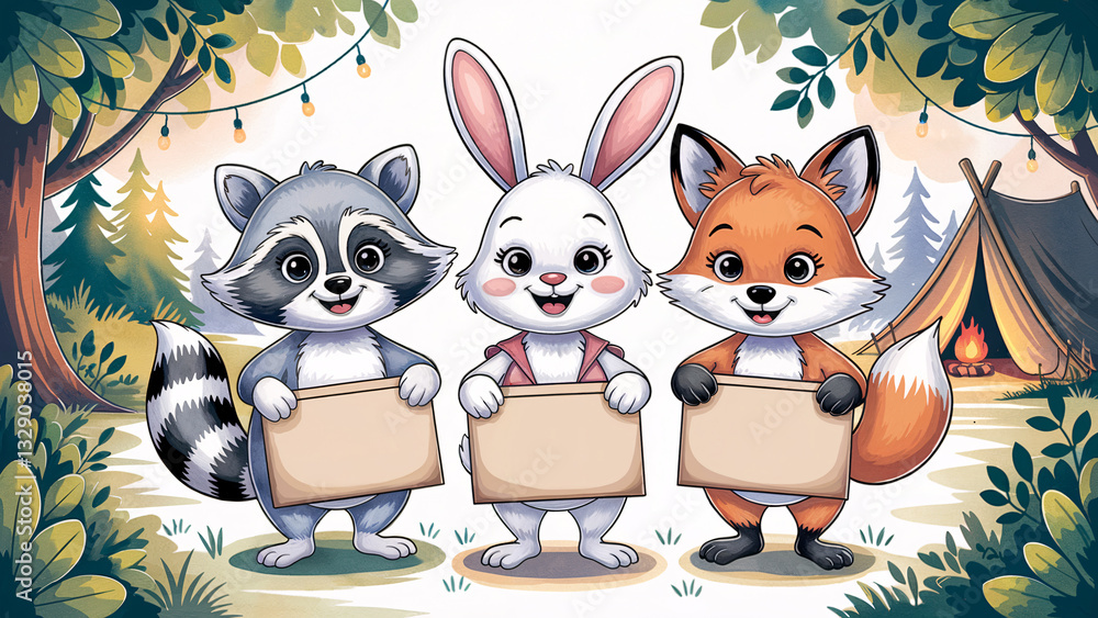 Fototapeta premium Camping scene with animals holding blank signs - A raccoon, a rabbit and a fox in a scenic forest with blank signs that can be filled with text.