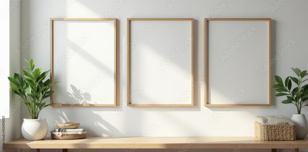 Fototapeta premium Modern wall-mounted rack; empty picture frames ready for photos , frame holder, home staging, bedroom