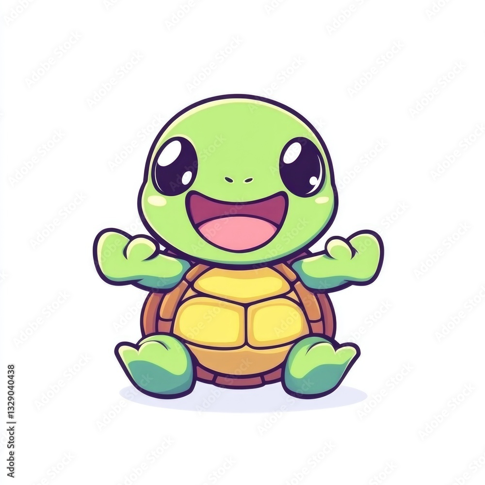 Obraz premium A happy smiling cartoon turtle is sitting and looks friendly