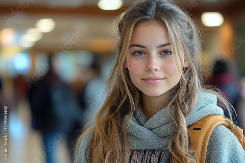 Young girl with long hair smiles warmly while wearing a gray hoodie and backpack in a casual setting