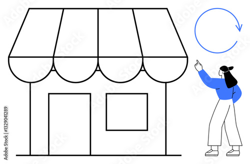 Storefront with window and awning, a woman pointing at a circular arrow. Ideal for retail, small business, entrepreneurship, rebranding, growth, innovation strategy. Flat simple metaphor