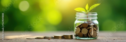 Small plant growing from stacked coins inside a mason jar , plantlet, glass