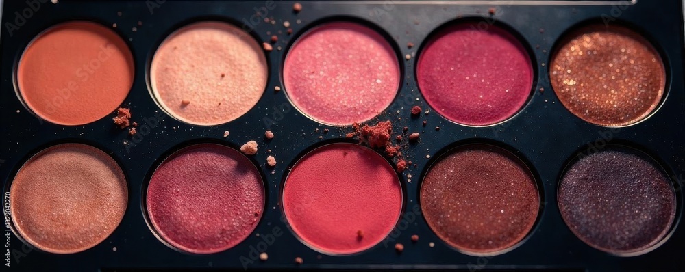 Twelve round eyeshadow pans in grid; diverse shades , neutral, glitter, eyeshadow palette Twelve round eyeshadow pans in grid; diverse shades , neutral, glitter, eyeshadow palette