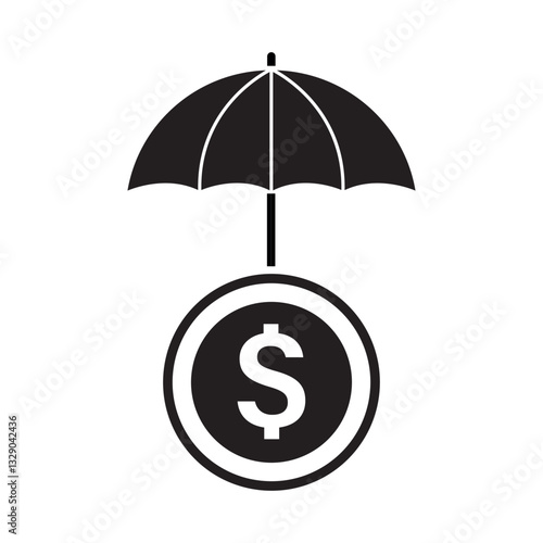 Umbrella cover dollar coin. Black umbrella sign isolated on white background. Insurance concept. Finance, business, investment, accounting. Money protection, safety, security.