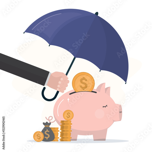 Businessman hand holding umbrella and cover piggy bank and money. Insurance and finance saving protection in economy crisis, safety investment. Investor with piggy bank.