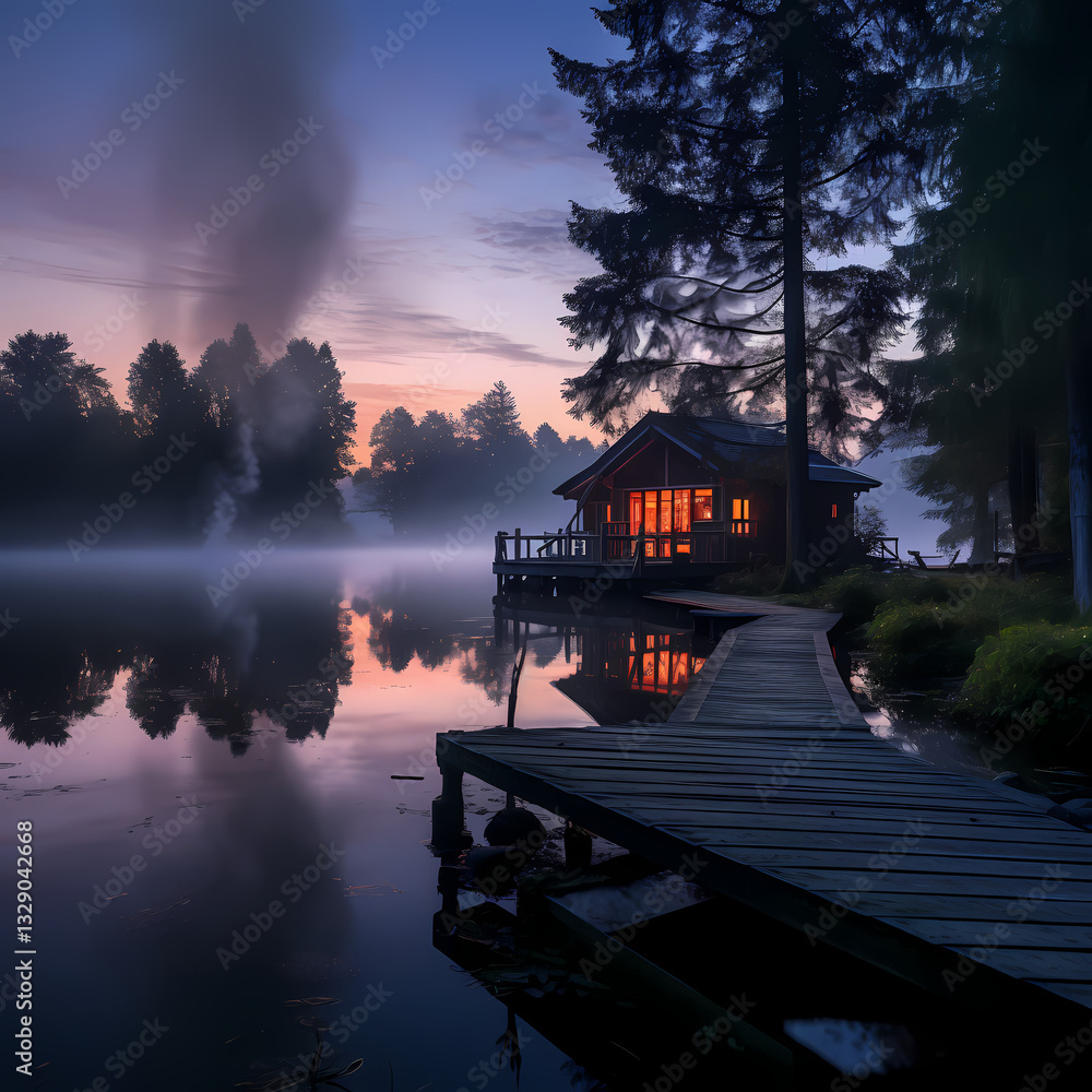 Fototapeta premium Peaceful lakeside cabin at dawn