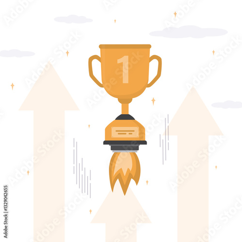 First place, golden goblet. Trophy, winner cup rocket launch for idea boost. Skills improvement. Business startup, successful project for winning competition.