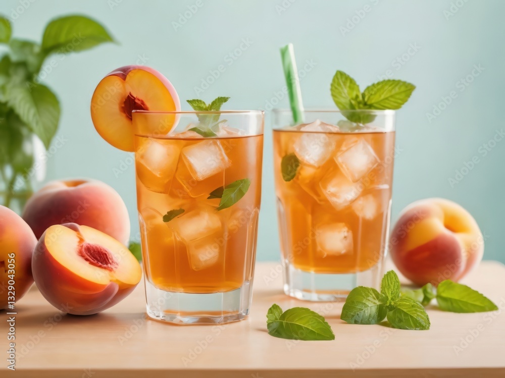 Refreshing Peach Iced Tea with Mint Leaves and Fresh Peaches on a Wooden Table Refreshing Peach Iced Tea with Mint Leaves and Fresh Peaches on a Wooden Table