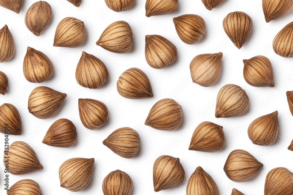 Small, light brown, teardrop-shaped seeds arranged in a grid pattern on a white background Small, light brown, teardrop-shaped seeds arranged in a grid pattern on a white background
