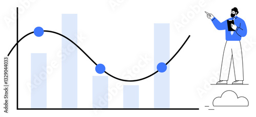 Man presenting analysis on fluctuating line graph and bar graph, highlighting trends. Ideal for business, analytics, progress, statistics, education, research, teamwork flat simple metaphor