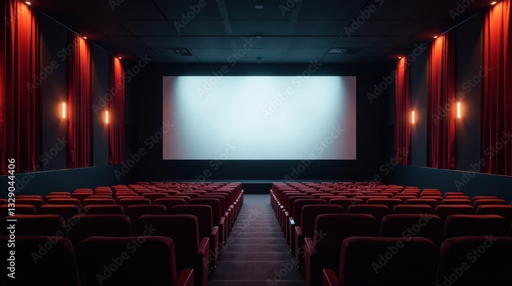 Empty theater auditorium with a large screen and red seats awaiting an audience Empty theater auditorium with a large screen and red seats awaiting an audience