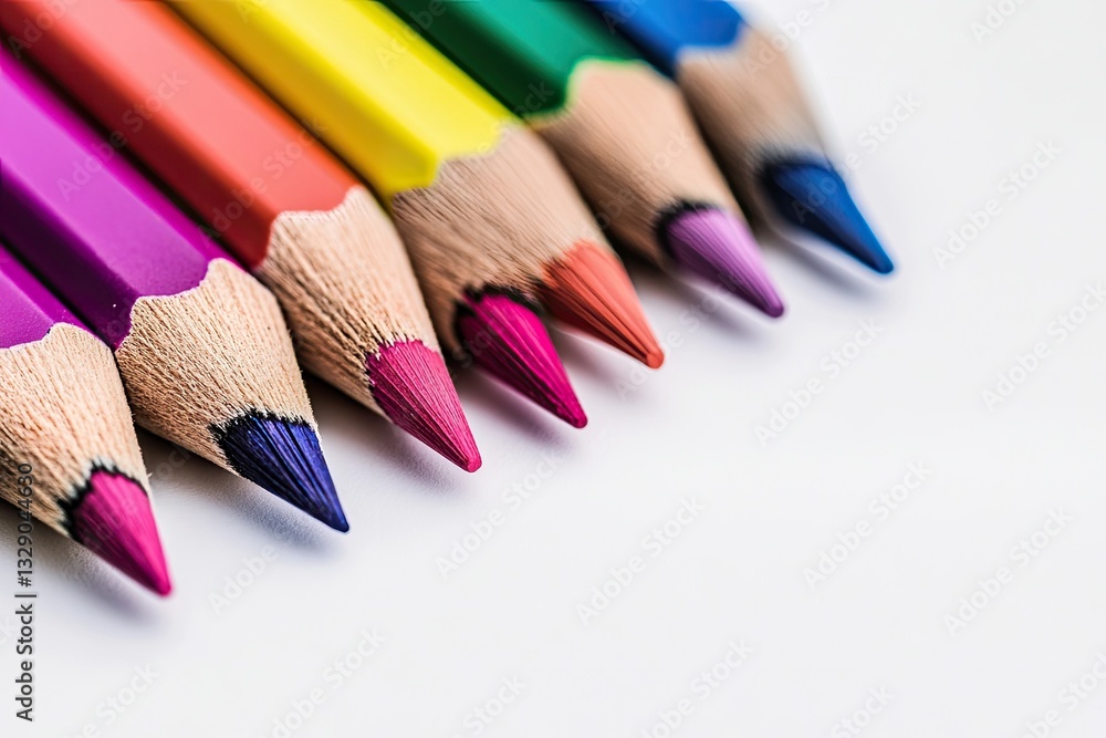 Colorful pencils in a row. Close-up view of sharpened colored pencils arranged in a vibrant spectrum of hues. Wooden pencil bodies and bright color leads. Colorful pencils in a row. Close-up view of sharpened colored pencils arranged in a vibrant spectrum of hues. Wooden pencil bodies and bright color leads.
