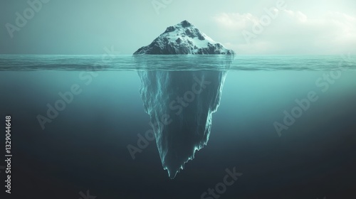 A solitary iceberg floats in the Arctic, showcasing its massive structure above and below water. The surrounding waters extend infinitely, while clouds hover overhead.
