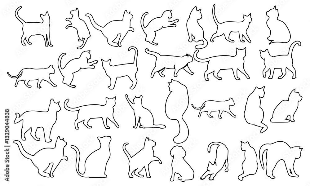 Continuous one line cats. Minimalist feline outlines, various cat poses and kitten activities hand drawn vector illustration set Continuous one line cats. Minimalist feline outlines, various cat poses and kitten activities hand drawn vector illustration set