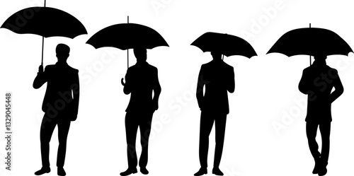 men under umbrellas silhouette, vector on white background