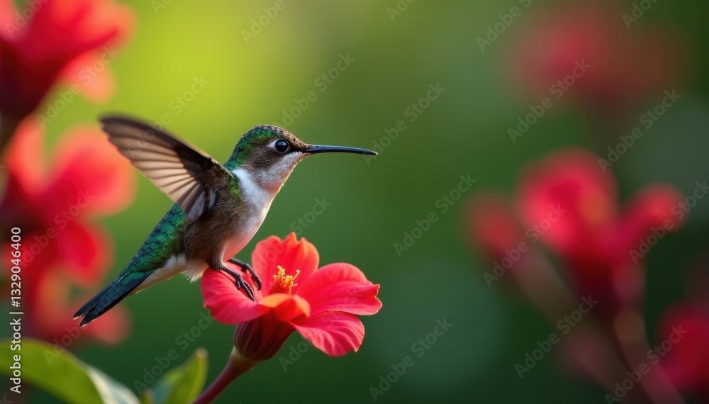 Fototapeta premium Tiny hummingbird feeding, red petals surround beak, feeding, nature, pollination