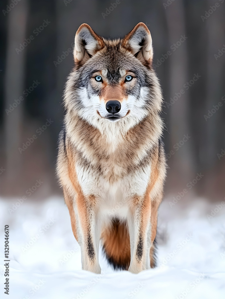 Majestic wolf with striking blue eyes stands in snowy forest Majestic wolf with striking blue eyes stands in snowy forest