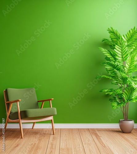 Olive Green Armchair and Potted Plant in Minimalist Green Room