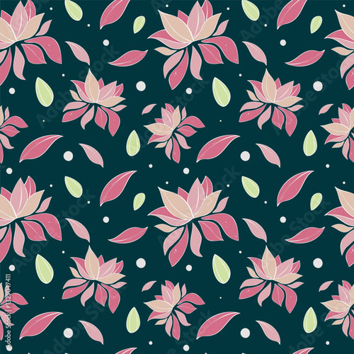 Seamless vector pattern with pink lotuses on green background. Design template for Buddha's birthday, Vesak holiday. Vector stylish minimalistic print for fabric, wrapping and printing