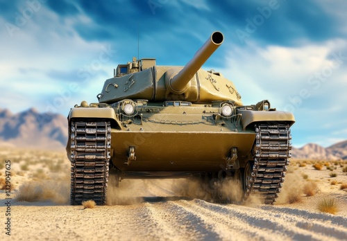 Olive Green Military Tank Driving Through Desert Under Dramatic Sky