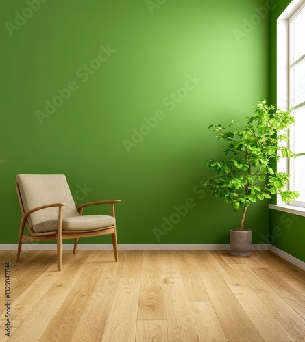 Olive Green Walls Modern Room Interior with Beige Armchair and Potted Plant