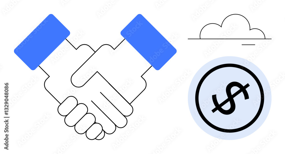 Two hands shaking in agreement, a cloud, and a dollar symbol suggesting partnership, teamwork, deals, revenue, finance, success and digital services. Ideal for business collaboration economy Two hands shaking in agreement, a cloud, and a dollar symbol suggesting partnership, teamwork, deals, revenue, finance, success and digital services. Ideal for business collaboration economy