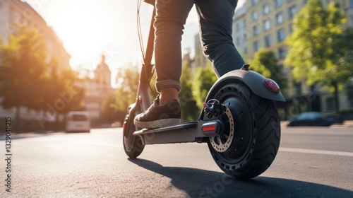 A smart electric scooter, city streets with rider using scooter with real-time speed data displayed, Transport-tech style