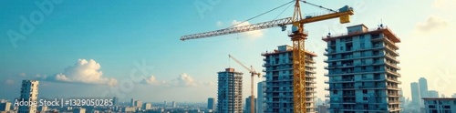 Yellow crane dominates apartment building construction site , progress, work, yellow