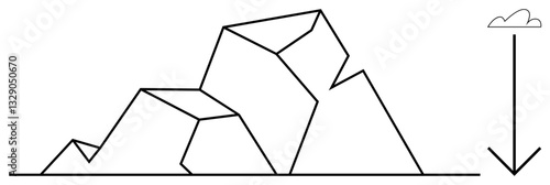 Abstract geometric mountains, a descending arrow, and a small cloud depicting adversity, decline, or barriers. Ideal for challenges, risk, failure, downward trend obstacle adversity minimal