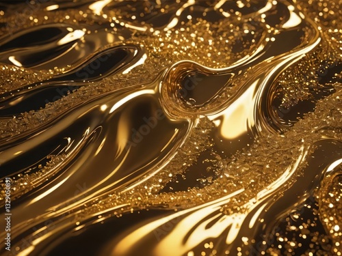 Textured Golden Liquid Surface with Sparkling Highlights and Flowing Waves photo