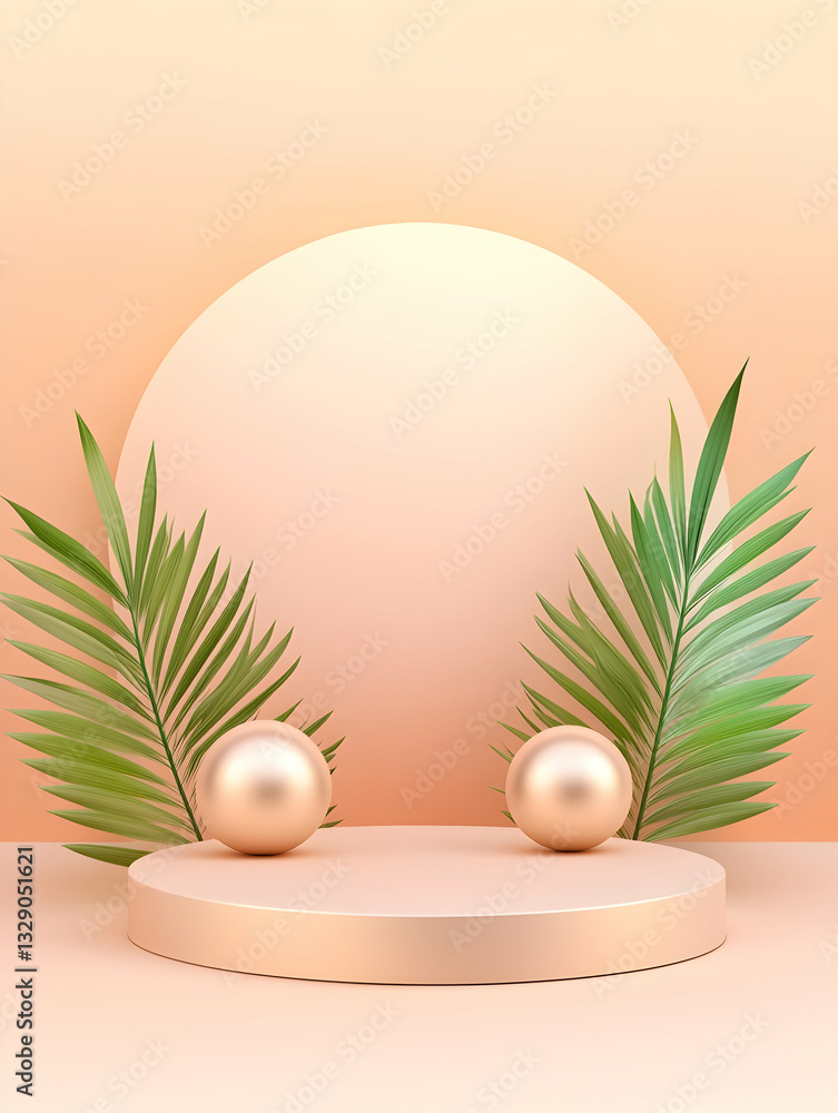 Fototapeta premium Peachy minimalist podium with gold spheres and palm leaves