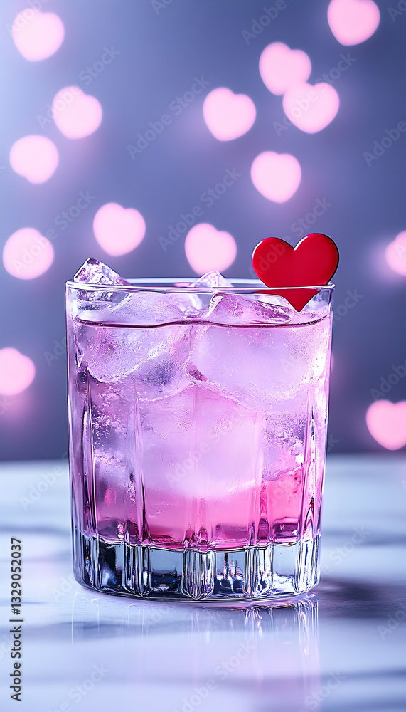 Pink cocktail with ice and heart garnish against bokeh hearts Pink cocktail with ice and heart garnish against bokeh hearts